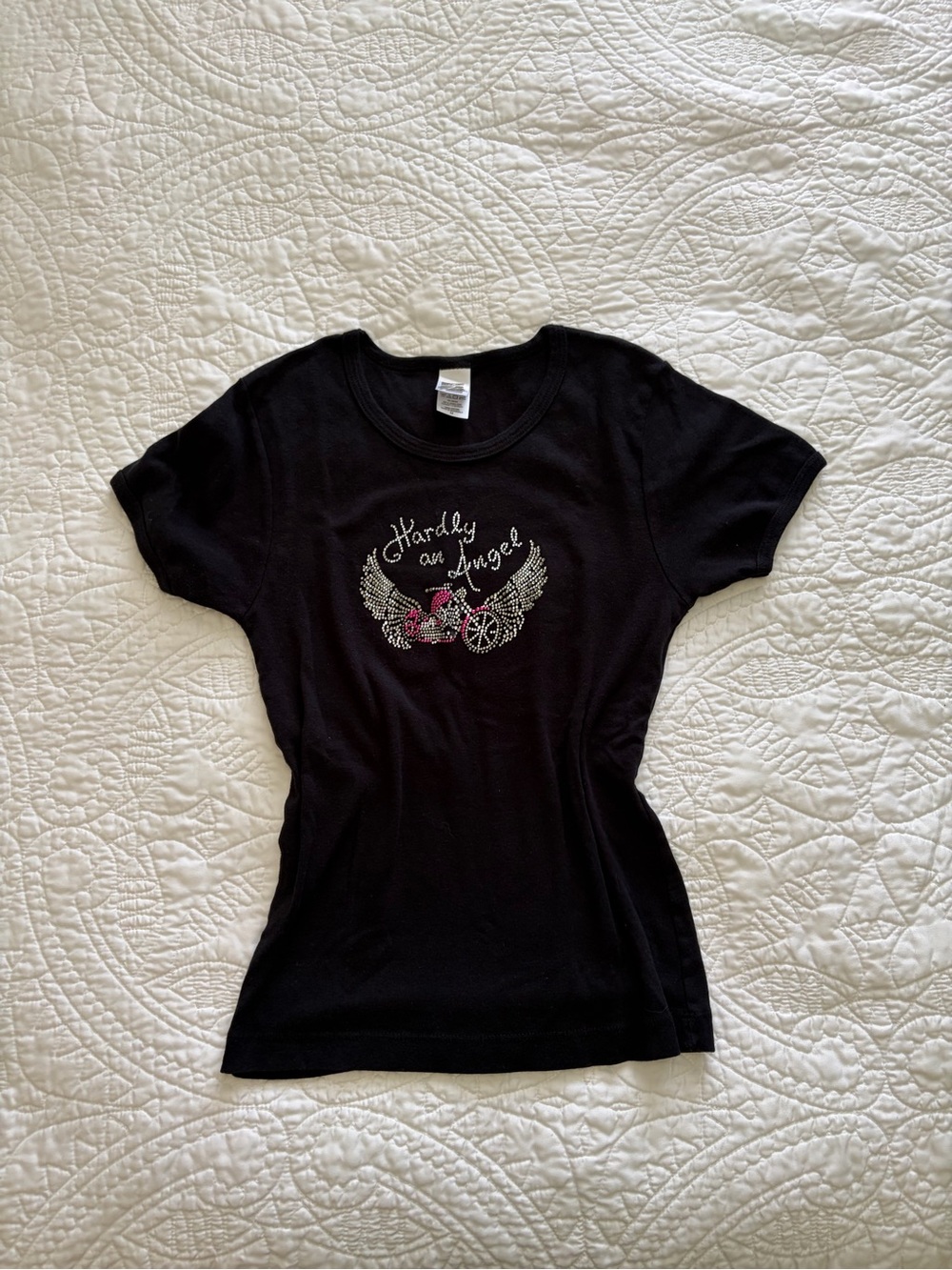 Hardly an Angel Black Graphic Tee with Winged Motorbike